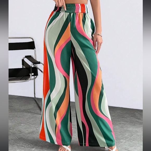 Boho Abstract Print High Waist Wide Leg palazzo Pants - Picture 3 of 6
